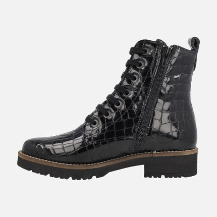 Botines confort con cordones en piel coco charol negro