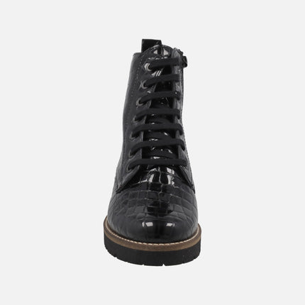 Botines confort con cordones en piel coco charol negro