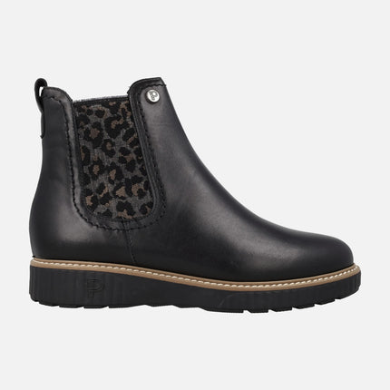 Black leather chelsea style ankle boots with leopard print elastic