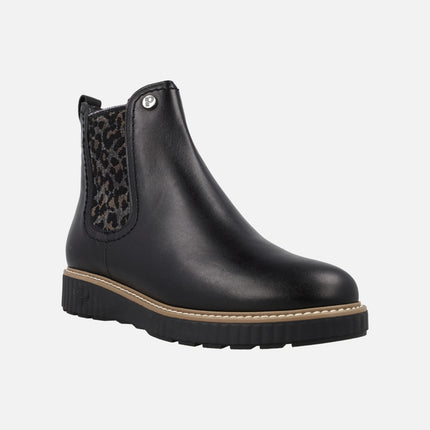 Black leather chelsea style ankle boots with leopard print elastic