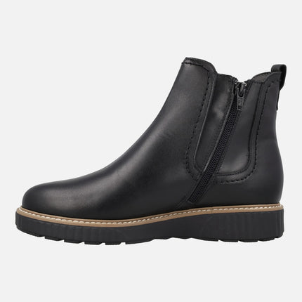 Black leather chelsea style ankle boots with leopard print elastic