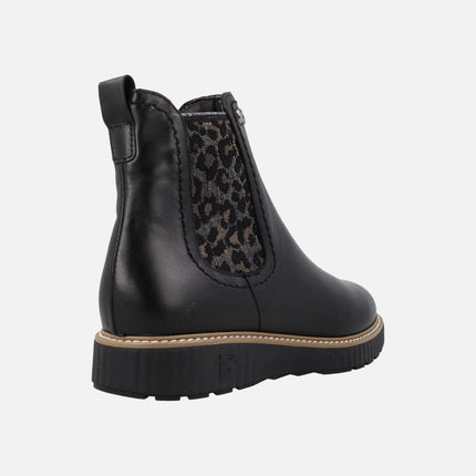 Black leather chelsea style ankle boots with leopard print elastic