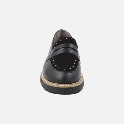 Black leather loafers with suede trim and studs