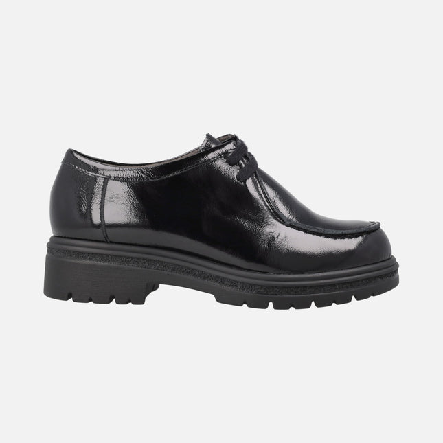 Zapatos blucher de cordones para mujer en charol negro