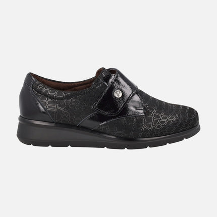 SPECIAL WIDTH black comfort shoes with velcro closure