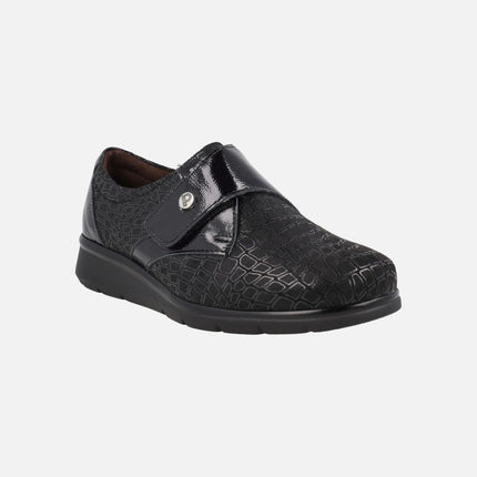 SPECIAL WIDTH black comfort shoes with velcro closure