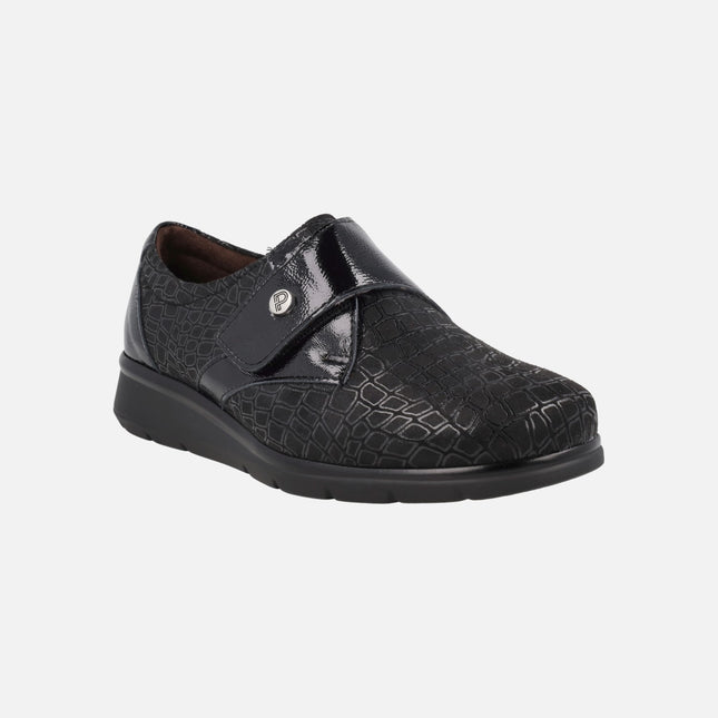 SPECIAL WIDTH black comfort shoes with velcro closure