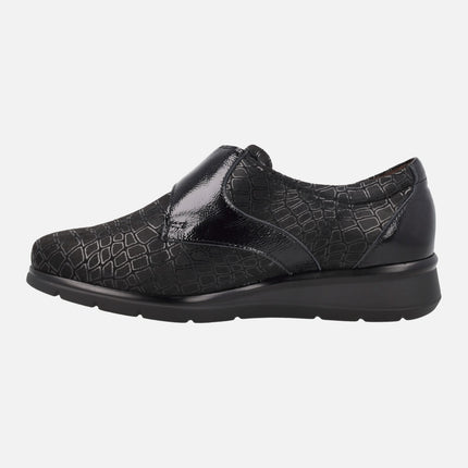 SPECIAL WIDTH black comfort shoes with velcro closure