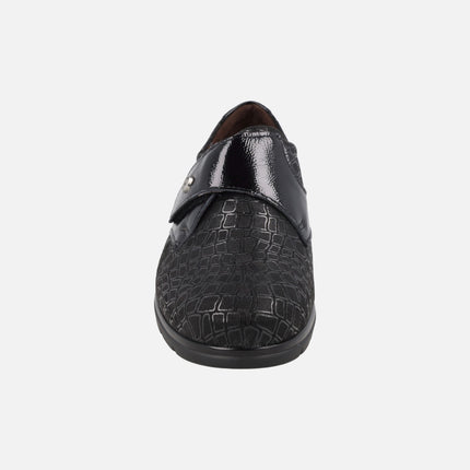 SPECIAL WIDTH black comfort shoes with velcro closure