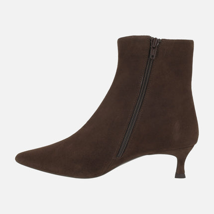 Women's ankle boots in brown suede with pointed toe and thin heel IBRAIN