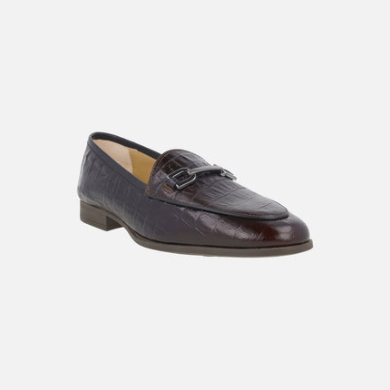 Women's moccasins in brown leather with crocodile engraving and DALCY decoration