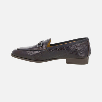 Women's moccasins in brown leather with crocodile engraving and DALCY decoration