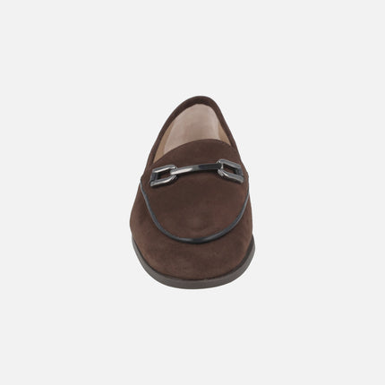 Women's moccasins in brown suede with metallic decoration DALCY