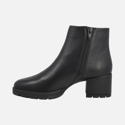 Jaydi black leather ankle boots with wide heels and platform