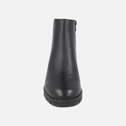 Jaydi black leather ankle boots with wide heels and platform
