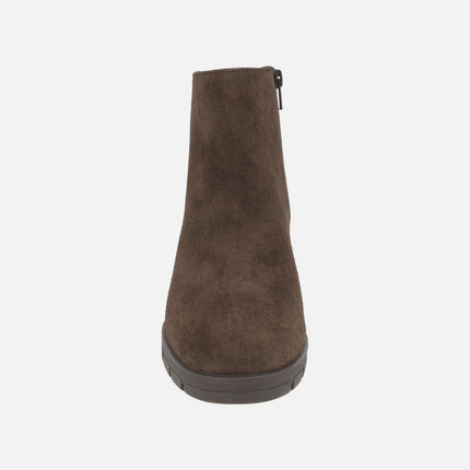 Jaydi brown suede ankle boots with wide heels and platform