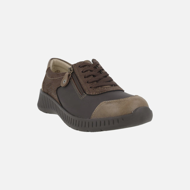 Multi-material comfort sneakers for women with laces and zipper