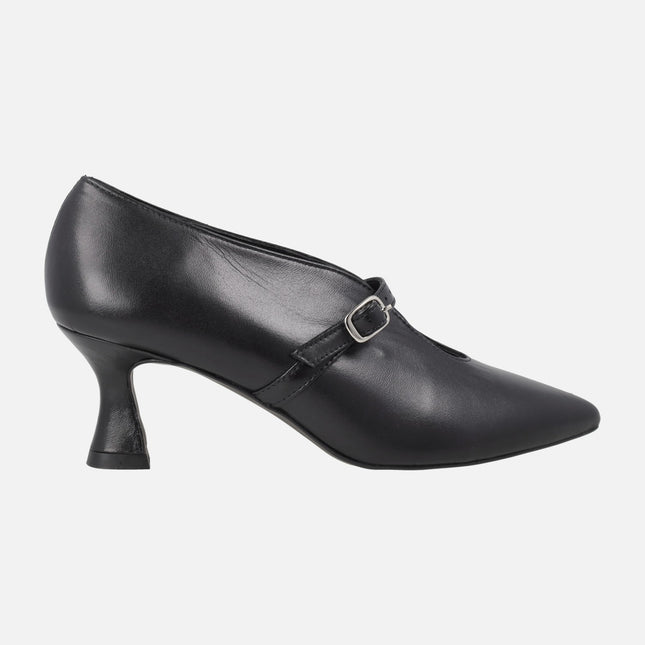Zapatos de tacón para mujer en piel negra con pulsera de hebilla