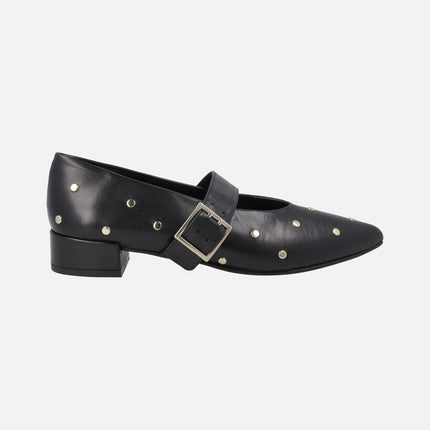 Leather Mary jane shoes with gold studs and buckled bracelet
