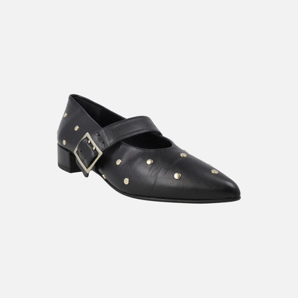 Leather Mary jane shoes with gold studs and buckled bracelet