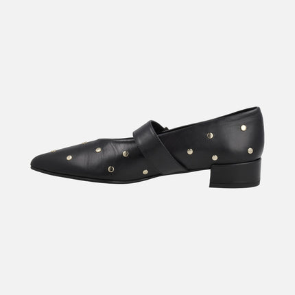 Leather Mary jane shoes with gold studs and buckled bracelet