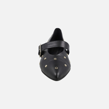 Leather Mary jane shoes with gold studs and buckled bracelet