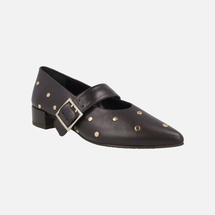Leather Mary jane shoes with gold studs and buckled bracelet