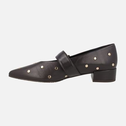 Leather Mary jane shoes with gold studs and buckled bracelet