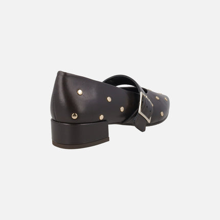 Leather Mary jane shoes with gold studs and buckled bracelet