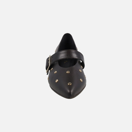 Leather Mary jane shoes with gold studs and buckled bracelet