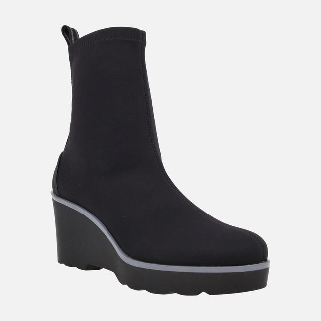 HITA women's wedged ankle boots in black lycra fabric WATER REPELLENT