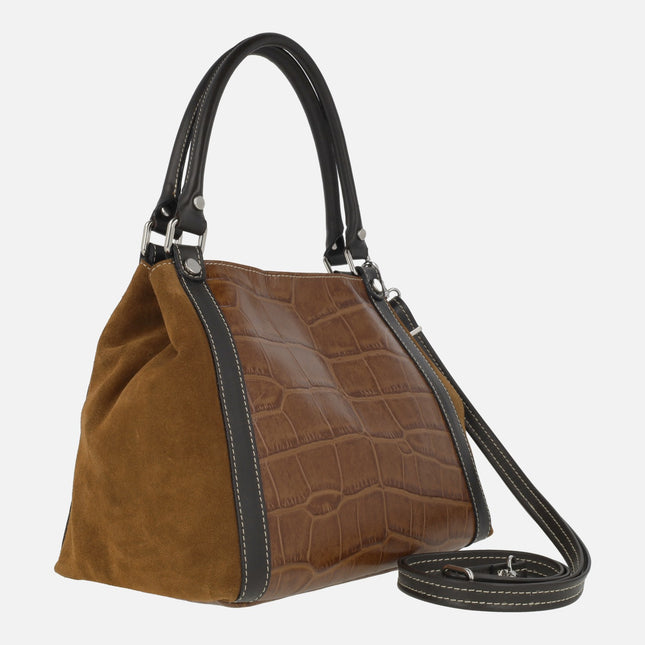 Leather bags in a combination of croco print and suede