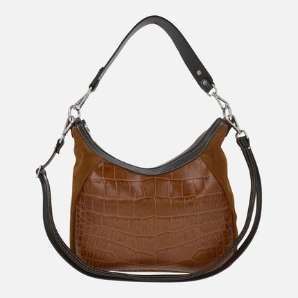 Leather bags with double handles in a combination of croco print and suede 