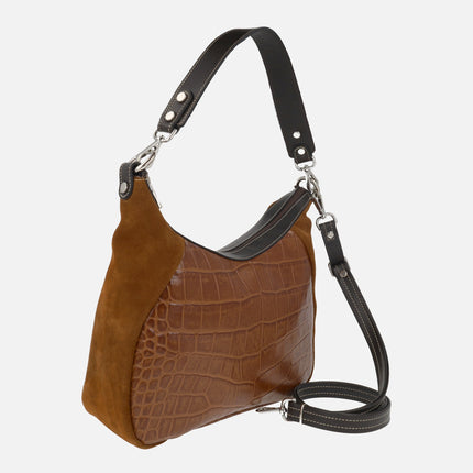 Leather bags with double handles in a combination of croco print and suede 