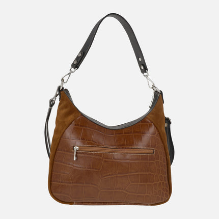 Leather bags with double handles in a combination of croco print and suede 