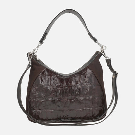 Leather bags with double handles in a combination of croco print and suede 