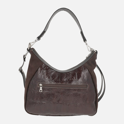 Leather bags with double handles in a combination of croco print and suede 