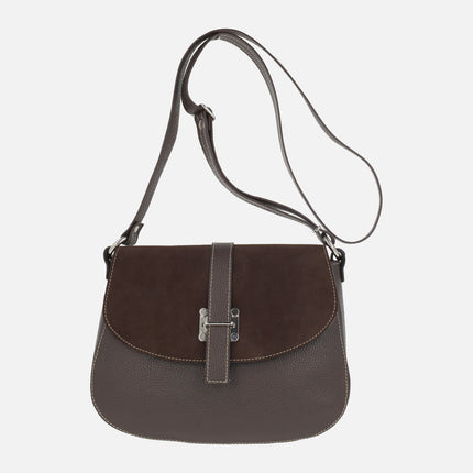 Bolsos bandolera con tapa en combinado de piel y ante