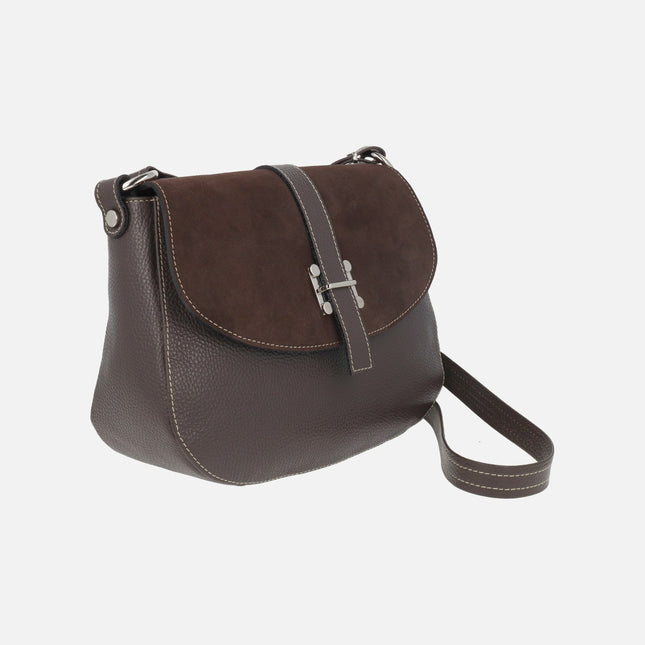 Shoulder bags with lid in a combination of leather and suede