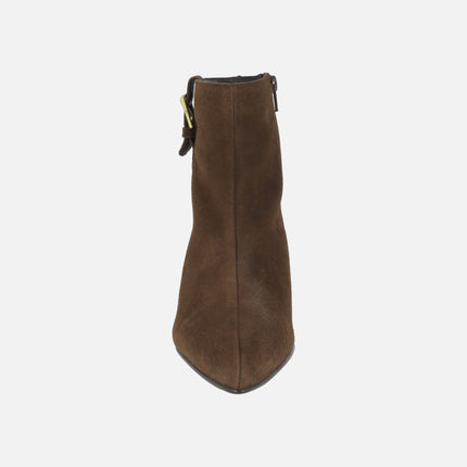 Ankle boots for women in brown suede with buckle decoration