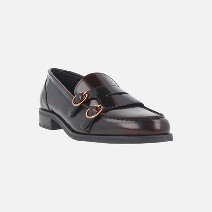 Burgundy florentic leather loafers with two buckle detail