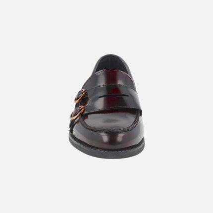 Burgundy florentic leather loafers with two buckle detail