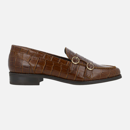 Brown croco print leather moccasins with two buckle detail