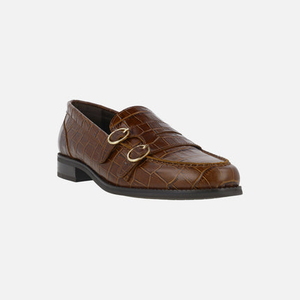 Brown croco print leather moccasins with two buckle detail