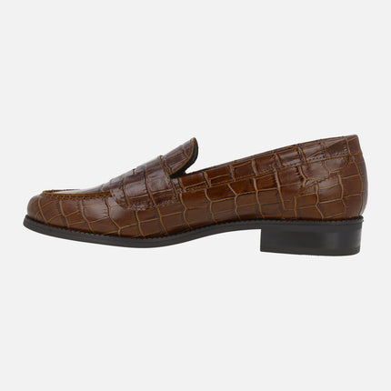 Brown croco print leather moccasins with two buckle detail