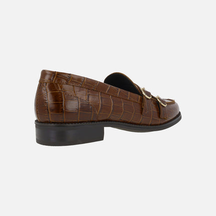 Brown croco print leather moccasins with two buckle detail
