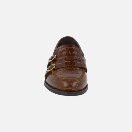 Brown croco print leather moccasins with two buckle detail
