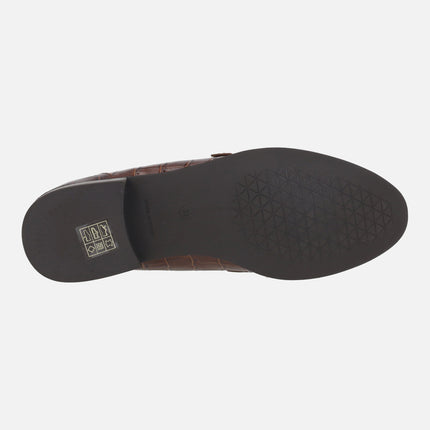 Brown croco print leather moccasins with two buckle detail
