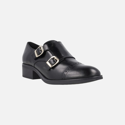 Zapatos para mujer en piel negra con hebillas doradas