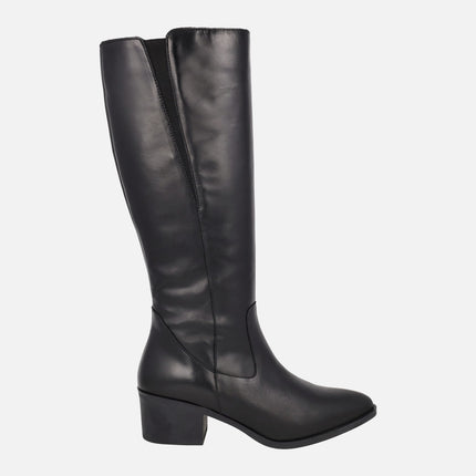 Botas negras de tacón con caña alta y elástico para mujer